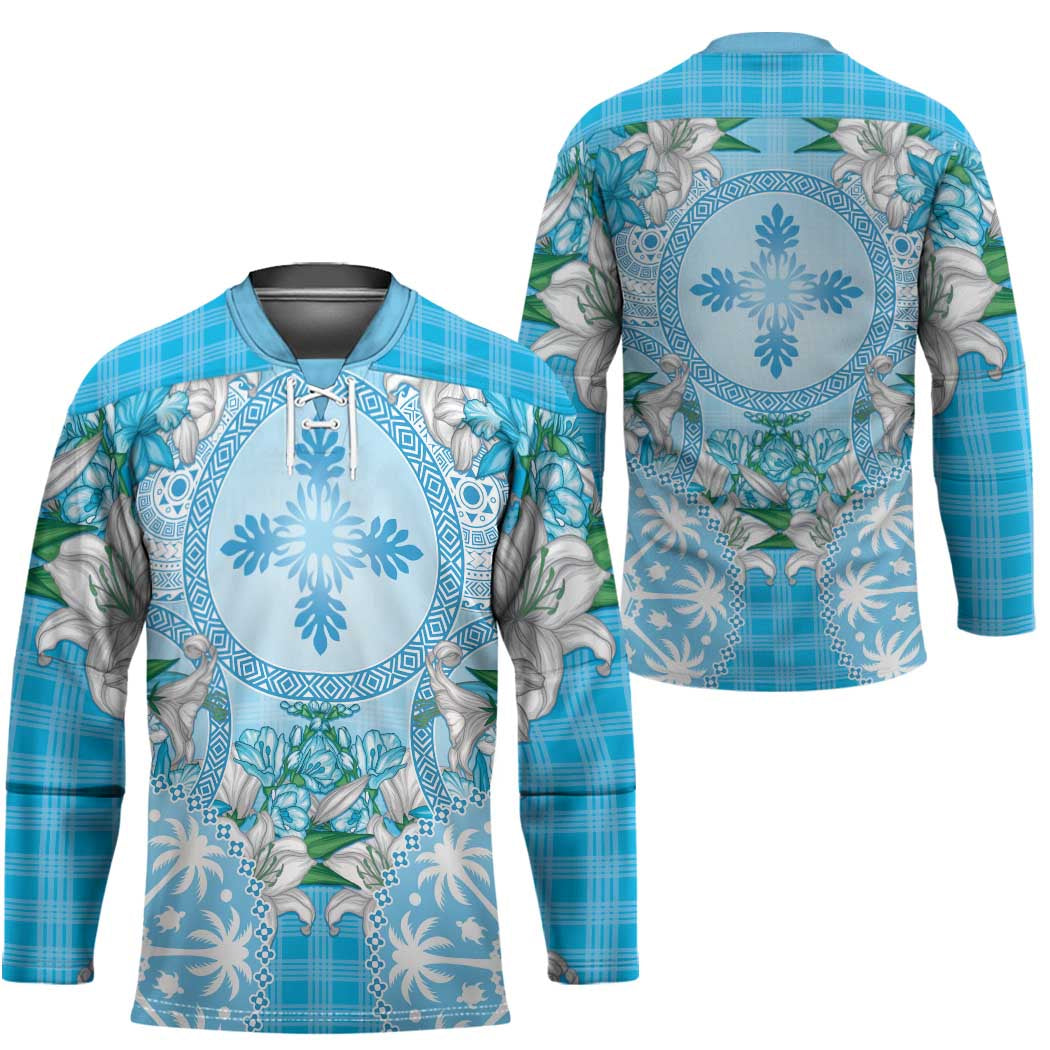 Hawaii Cyan Palaka Hockey Jersey With Tapa Pattern Tropical Flowers LT05 - Polynesian Pride