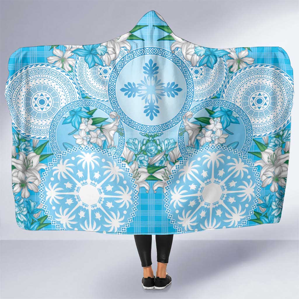 Hawaii Cyan Palaka Hooded Blanket With Tapa Pattern Tropical Flowers - Polynesian Pride