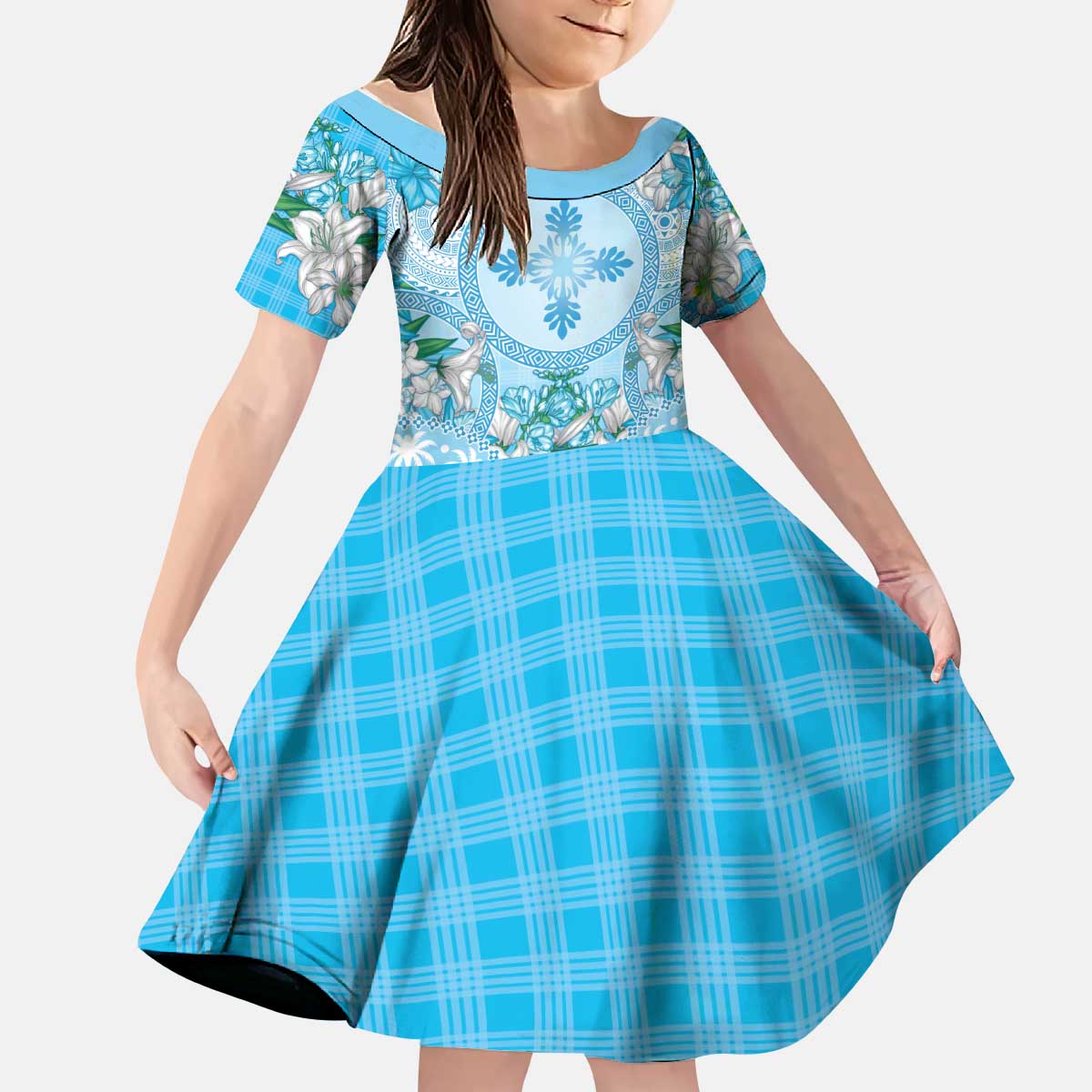 Hawaii Cyan Palaka Kid Short Sleeve Dress With Tapa Pattern Tropical Flowers - Polynesian Pride