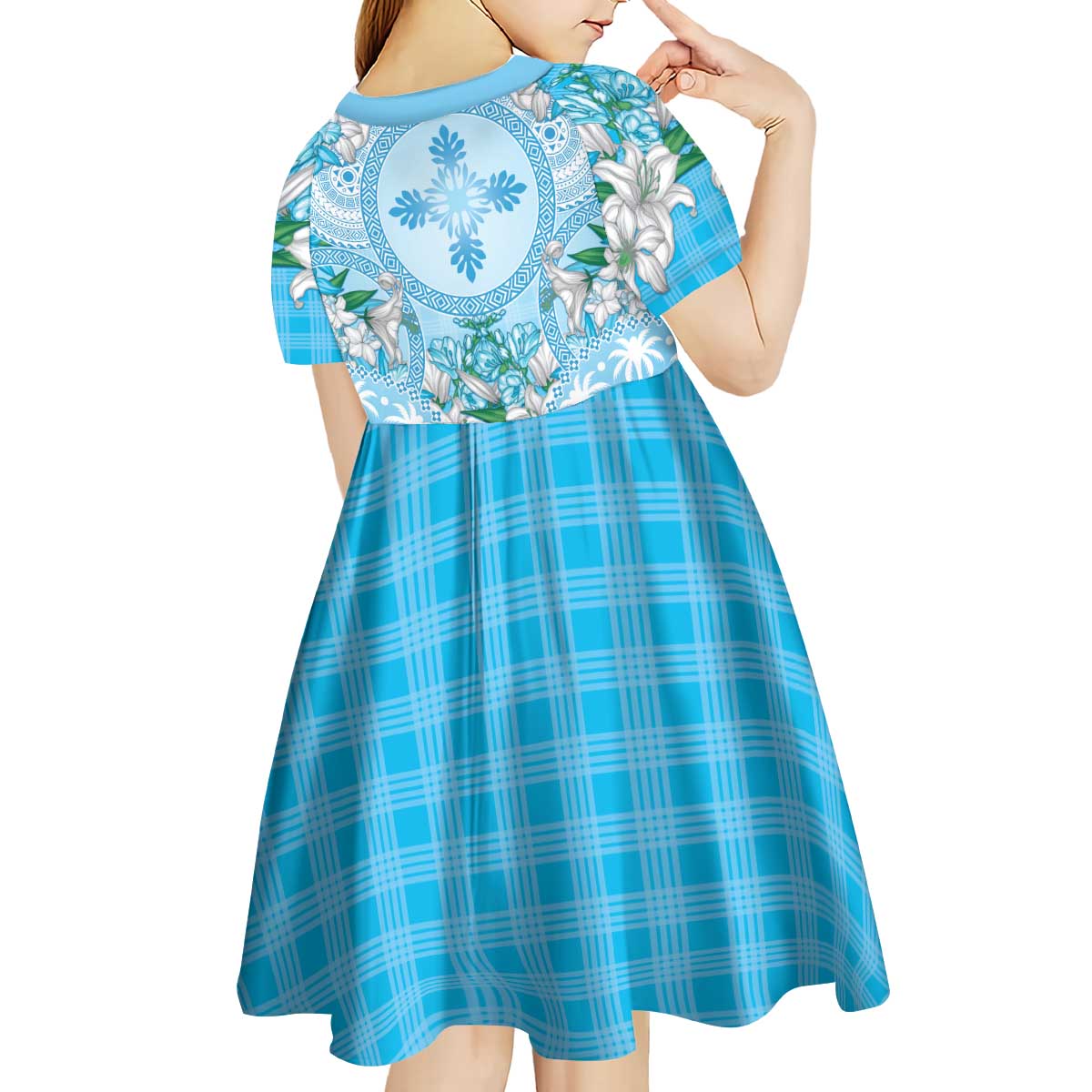 Hawaii Cyan Palaka Kid Short Sleeve Dress With Tapa Pattern Tropical Flowers - Polynesian Pride