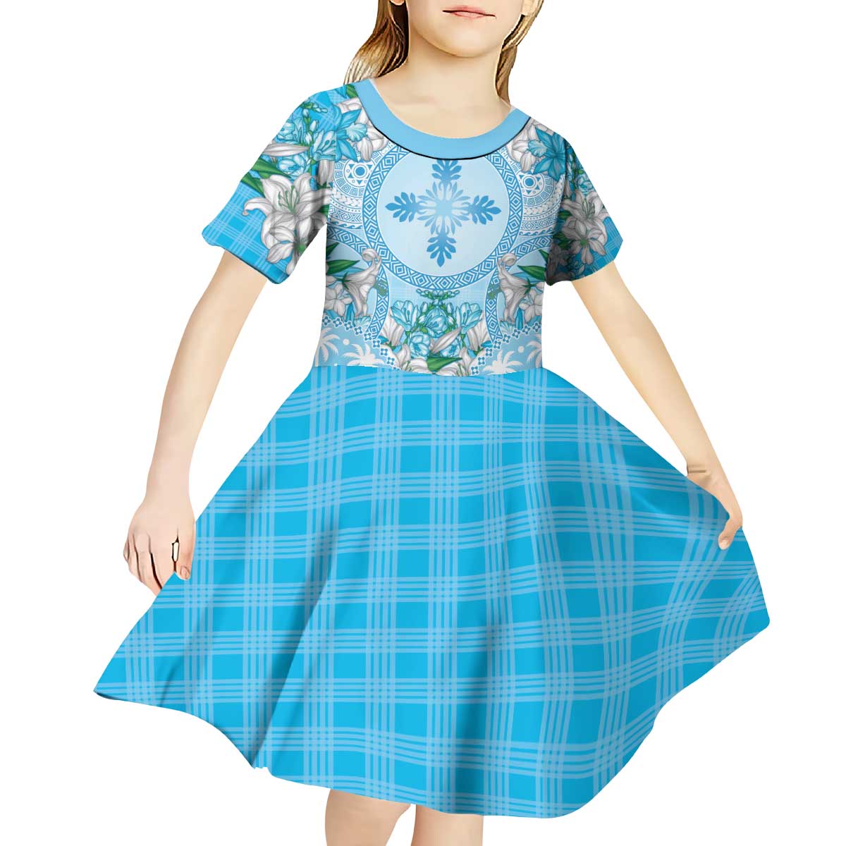 Hawaii Cyan Palaka Kid Short Sleeve Dress With Tapa Pattern Tropical Flowers - Polynesian Pride