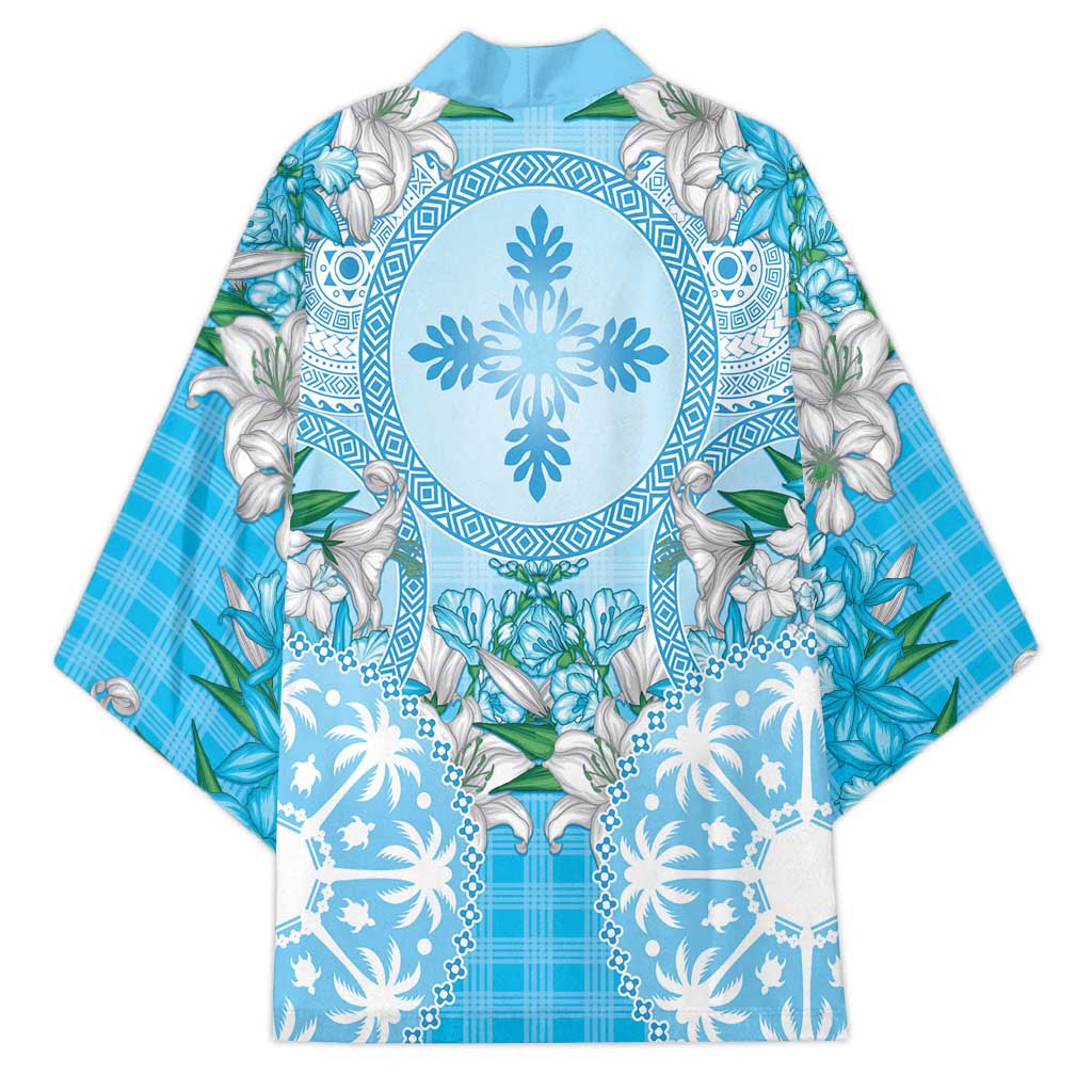 Hawaii Cyan Palaka Kimono With Tapa Pattern Tropical Flowers - Polynesian Pride