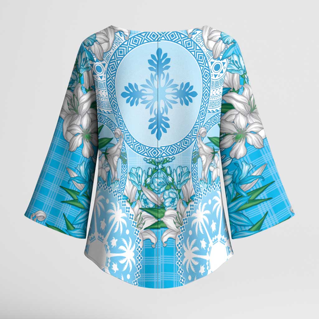 Hawaii Cyan Palaka Kimono Sleeve Blouse With Tapa Pattern Tropical Flowers LT05 - Polynesian Pride