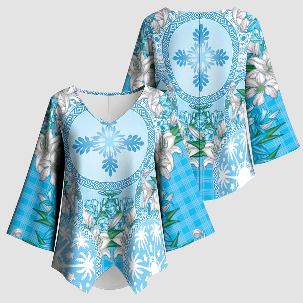 Hawaii Cyan Palaka Kimono Sleeve Blouse With Tapa Pattern Tropical Flowers LT05 - Polynesian Pride