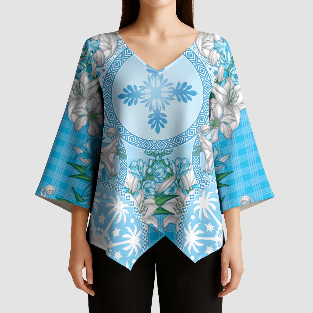 Hawaii Cyan Palaka Kimono Sleeve Blouse With Tapa Pattern Tropical Flowers LT05 - Polynesian Pride