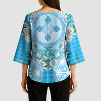Hawaii Cyan Palaka Kimono Sleeve Blouse With Tapa Pattern Tropical Flowers LT05 - Polynesian Pride