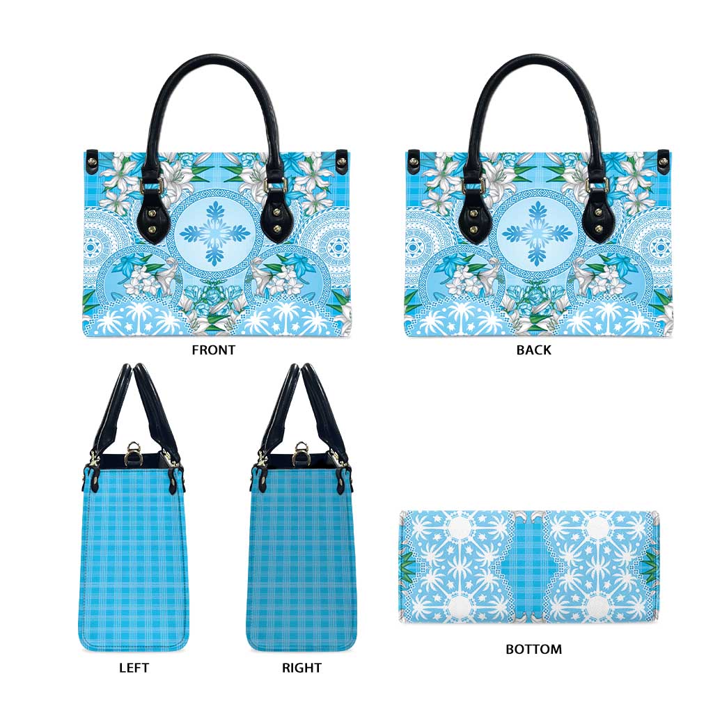 Hawaii Cyan Palaka Leather Bag With Tapa Pattern Tropical Flowers - Polynesian Pride