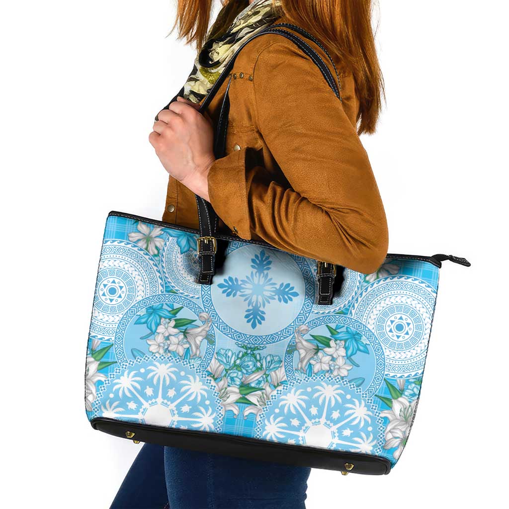 Hawaii Cyan Palaka Leather Tote Bag With Tapa Pattern Tropical Flowers - Polynesian Pride