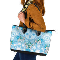 Hawaii Cyan Palaka Leather Tote Bag With Tapa Pattern Tropical Flowers - Polynesian Pride
