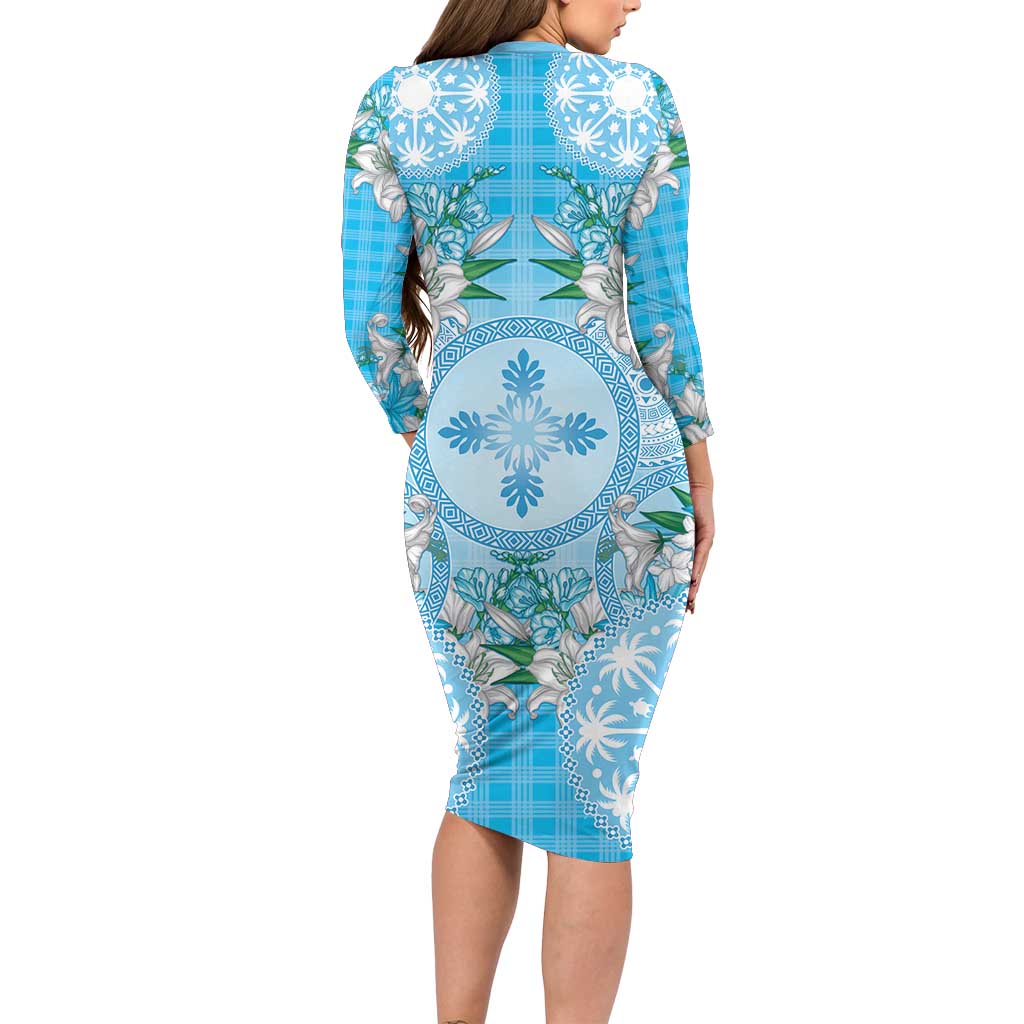 Hawaii Cyan Palaka Long Sleeve Bodycon Dress With Tapa Pattern Tropical Flowers - Polynesian Pride