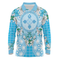 Hawaii Cyan Palaka Long Sleeve Polo Shirt With Tapa Pattern Tropical Flowers LT05 Cyan - Polynesian Pride
