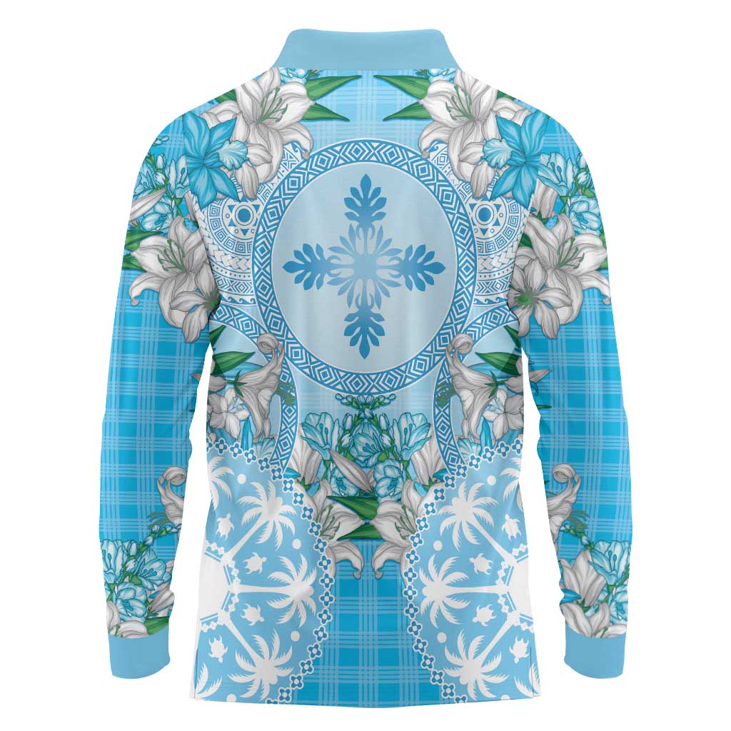 Hawaii Cyan Palaka Long Sleeve Polo Shirt With Tapa Pattern Tropical Flowers LT05 - Polynesian Pride