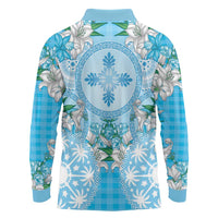 Hawaii Cyan Palaka Long Sleeve Polo Shirt With Tapa Pattern Tropical Flowers LT05 - Polynesian Pride