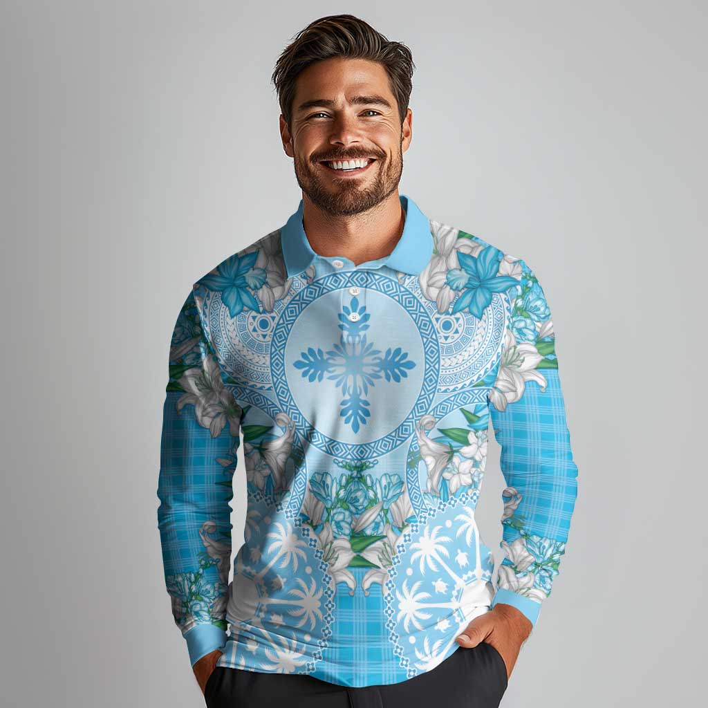 Hawaii Cyan Palaka Long Sleeve Polo Shirt With Tapa Pattern Tropical Flowers LT05 - Polynesian Pride