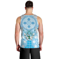 Hawaii Cyan Palaka Men Tank Top With Tapa Pattern Tropical Flowers - Polynesian Pride