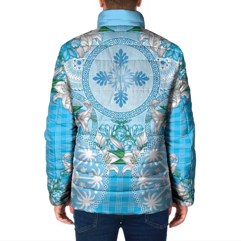 Hawaii Cyan Palaka Padded Jacket With Tapa Pattern Tropical Flowers LT05 - Polynesian Pride