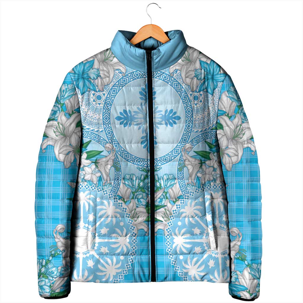 Hawaii Cyan Palaka Padded Jacket With Tapa Pattern Tropical Flowers LT05 - Polynesian Pride