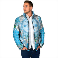Hawaii Cyan Palaka Padded Jacket With Tapa Pattern Tropical Flowers LT05 - Polynesian Pride