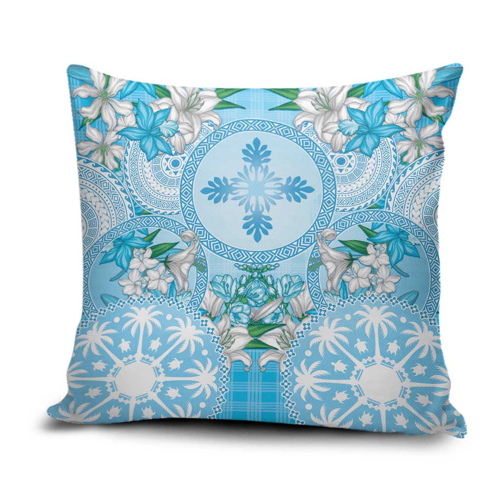 Hawaii Cyan Palaka Pillow Cover With Tapa Pattern Tropical Flowers - Polynesian Pride
