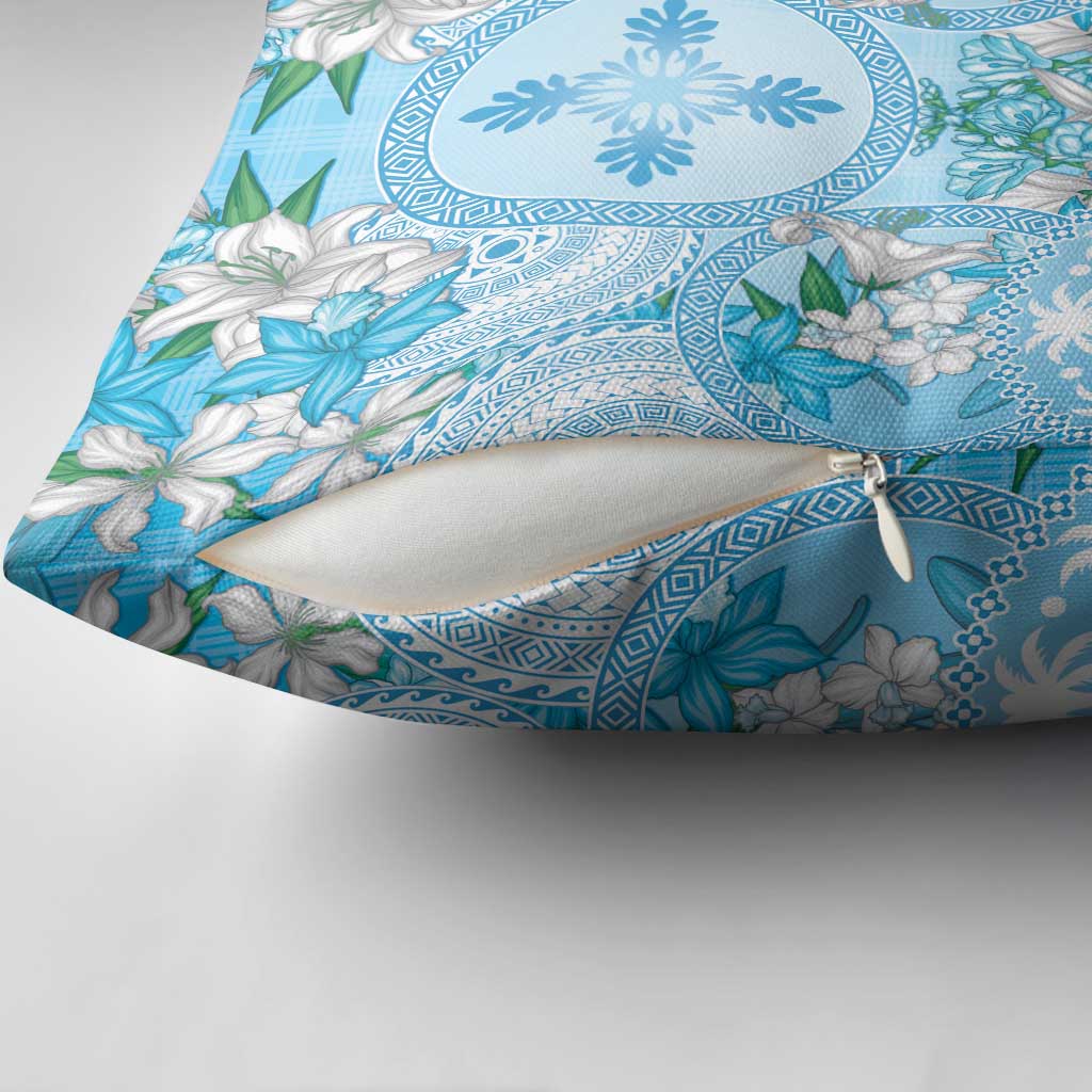 Hawaii Cyan Palaka Pillow Cover With Tapa Pattern Tropical Flowers - Polynesian Pride