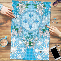 Hawaii Cyan Palaka Puzzle With Tapa Pattern Tropical Flowers LT05 Cyan - Polynesian Pride