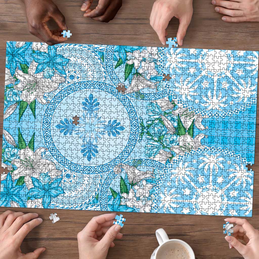 Hawaii Cyan Palaka Puzzle With Tapa Pattern Tropical Flowers LT05 - Polynesian Pride