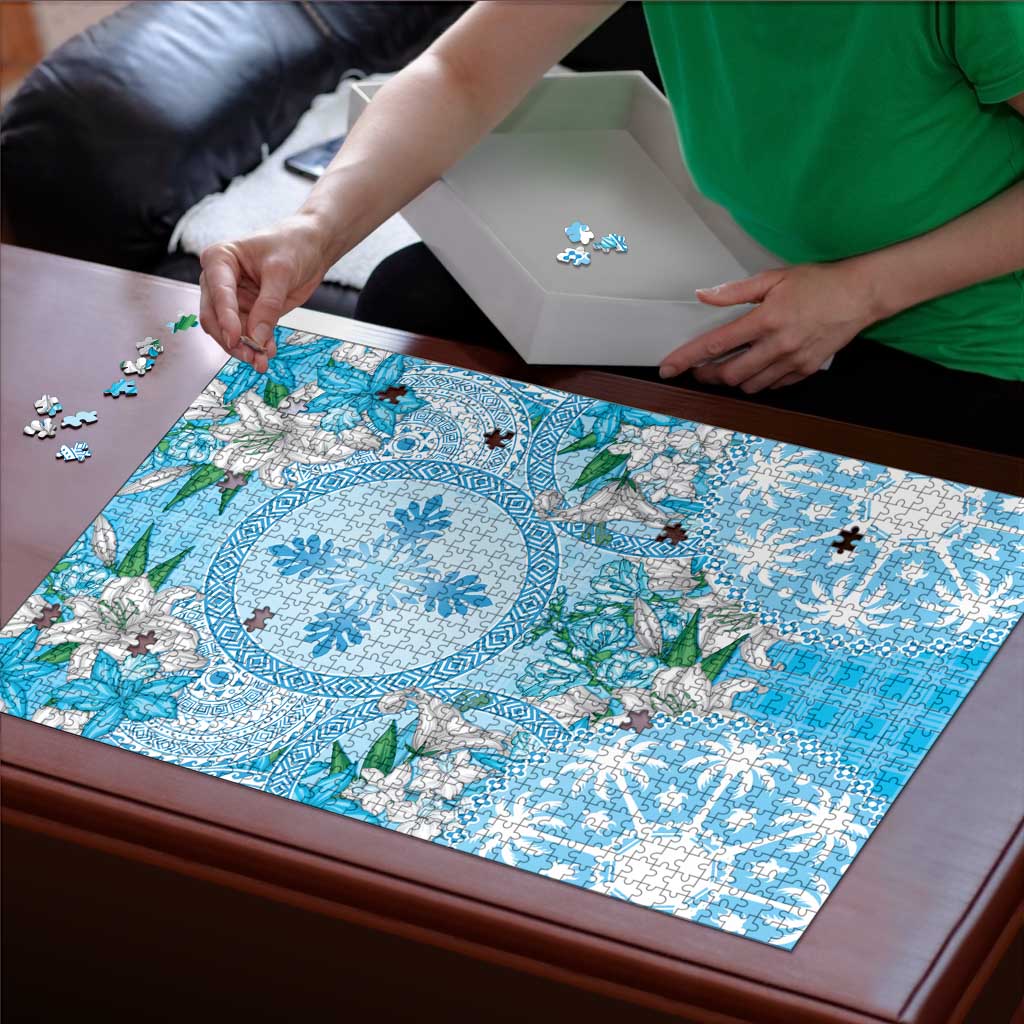 Hawaii Cyan Palaka Puzzle With Tapa Pattern Tropical Flowers LT05 - Polynesian Pride