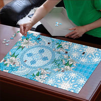 Hawaii Cyan Palaka Puzzle With Tapa Pattern Tropical Flowers LT05 - Polynesian Pride