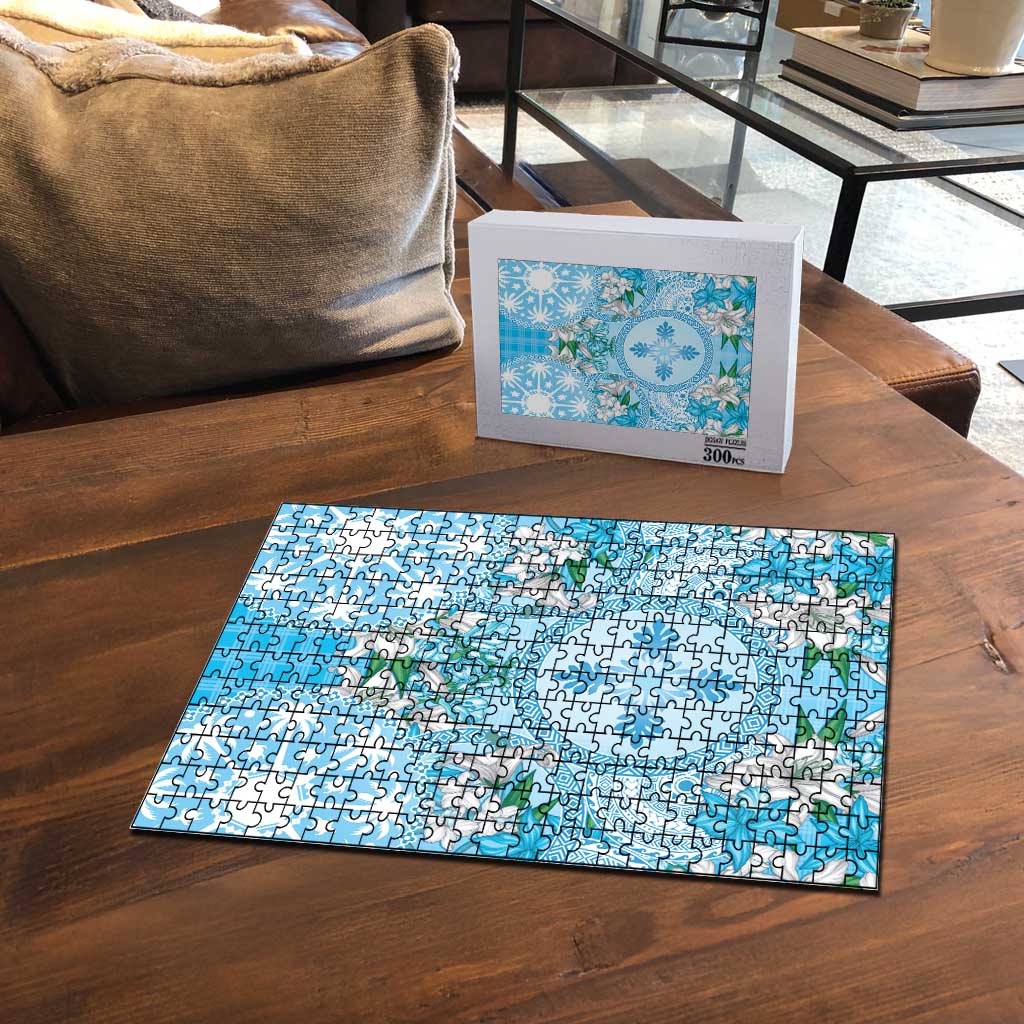 Hawaii Cyan Palaka Puzzle With Tapa Pattern Tropical Flowers LT05 - Polynesian Pride