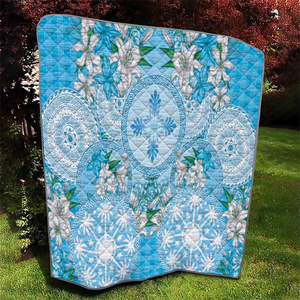 Hawaii Cyan Palaka Quilt With Tapa Pattern Tropical Flowers - Polynesian Pride