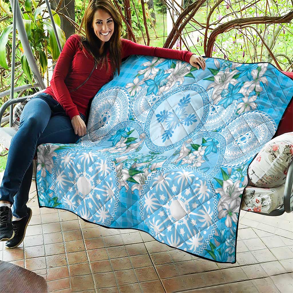 Hawaii Cyan Palaka Quilt With Tapa Pattern Tropical Flowers - Polynesian Pride
