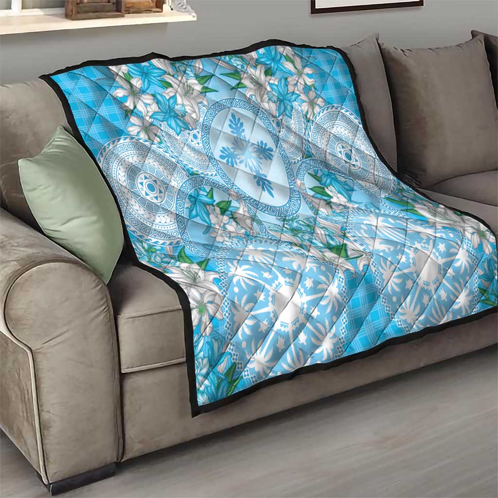 Hawaii Cyan Palaka Quilt With Tapa Pattern Tropical Flowers - Polynesian Pride