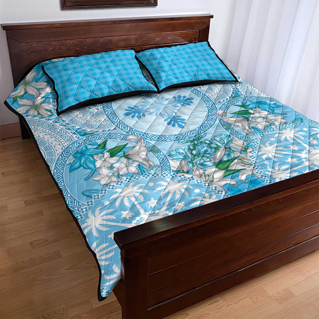 Hawaii Cyan Palaka Quilt Bed Set With Tapa Pattern Tropical Flowers - Polynesian Pride