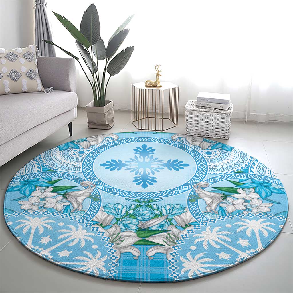 Hawaii Cyan Palaka Round Carpet With Tapa Pattern Tropical Flowers - Polynesian Pride