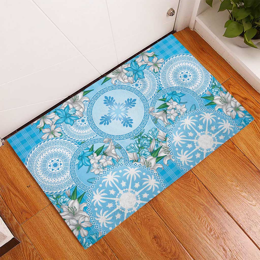 Hawaii Cyan Palaka Rubber Doormat With Tapa Pattern Tropical Flowers LT05 - Polynesian Pride
