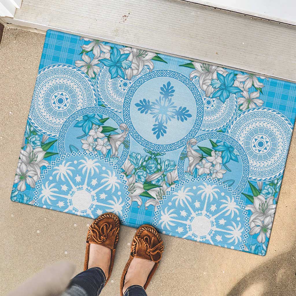 Hawaii Cyan Palaka Rubber Doormat With Tapa Pattern Tropical Flowers LT05 - Polynesian Pride