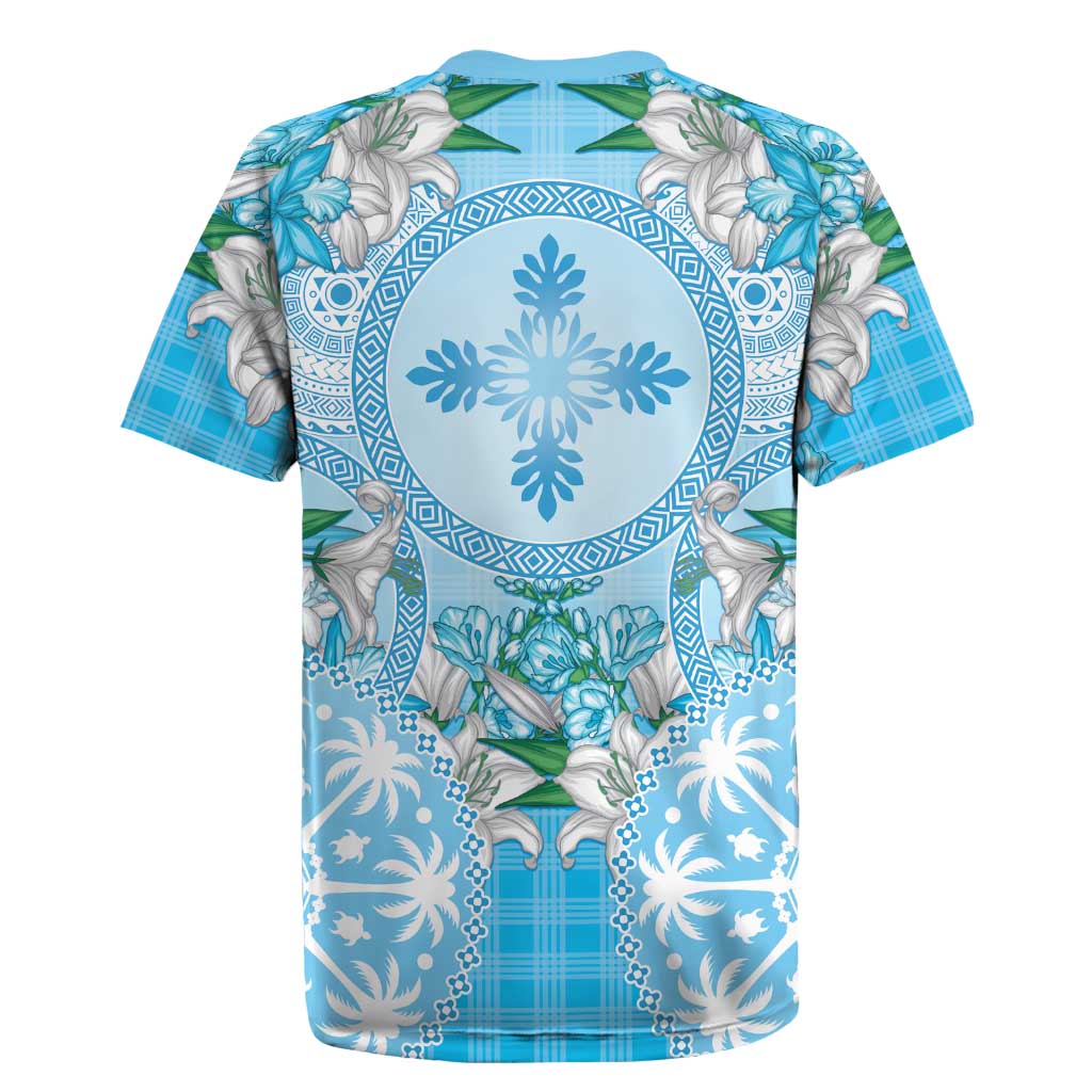 Hawaii Cyan Palaka Rugby Jersey With Tapa Pattern Tropical Flowers LT05 - Polynesian Pride