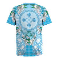 Hawaii Cyan Palaka Rugby Jersey With Tapa Pattern Tropical Flowers LT05 - Polynesian Pride