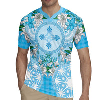 Hawaii Cyan Palaka Rugby Jersey With Tapa Pattern Tropical Flowers LT05 - Polynesian Pride