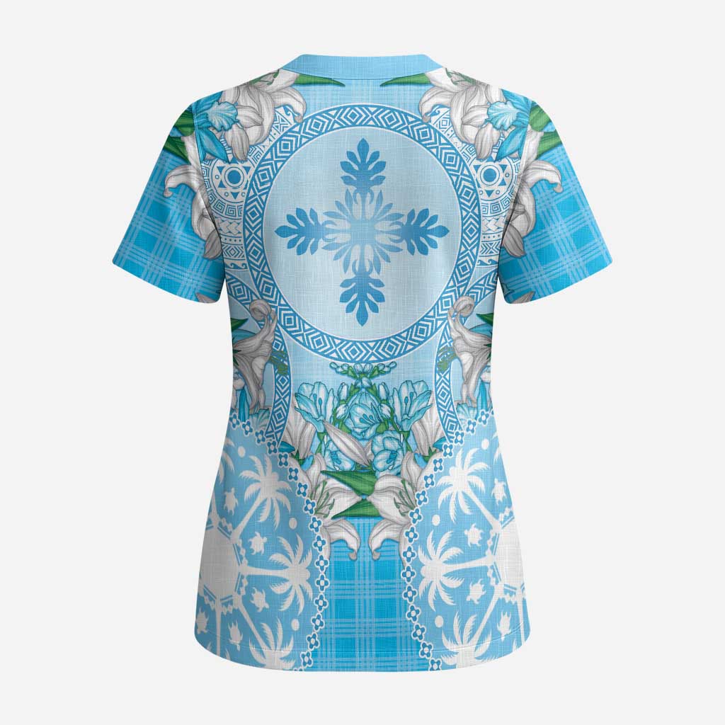 Hawaii Cyan Palaka Scrub Top With Tapa Pattern Tropical Flowers - Polynesian Pride