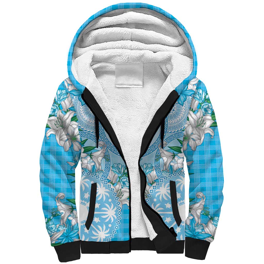 Hawaii Cyan Palaka Sherpa Hoodie With Tapa Pattern Tropical Flowers LT05 Unisex Cyan - Polynesian Pride