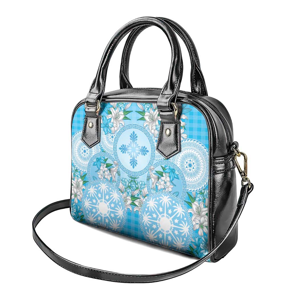 Hawaii Cyan Palaka Shoulder Handbag With Tapa Pattern Tropical Flowers - Polynesian Pride