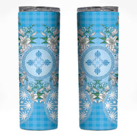 Hawaii Cyan Palaka Skinny Tumbler With Tapa Pattern Tropical Flowers - Polynesian Pride