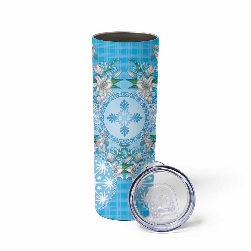 Hawaii Cyan Palaka Skinny Tumbler With Tapa Pattern Tropical Flowers - Polynesian Pride