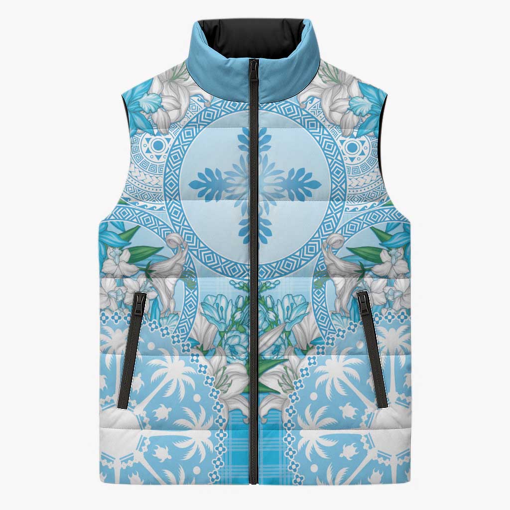 Hawaii Cyan Palaka Sleeveless Puffer Jacket With Tapa Pattern Tropical Flowers LT05 Unisex Cyan - Polynesian Pride