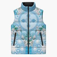 Hawaii Cyan Palaka Sleeveless Puffer Jacket With Tapa Pattern Tropical Flowers LT05 Unisex Cyan - Polynesian Pride