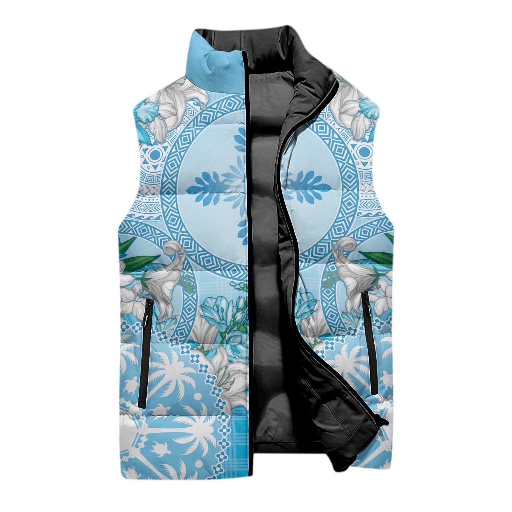 Hawaii Cyan Palaka Sleeveless Puffer Jacket With Tapa Pattern Tropical Flowers LT05 - Polynesian Pride