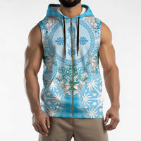 Hawaii Cyan Palaka Sleeveless Zip Hoodie With Tapa Pattern Tropical Flowers - Polynesian Pride