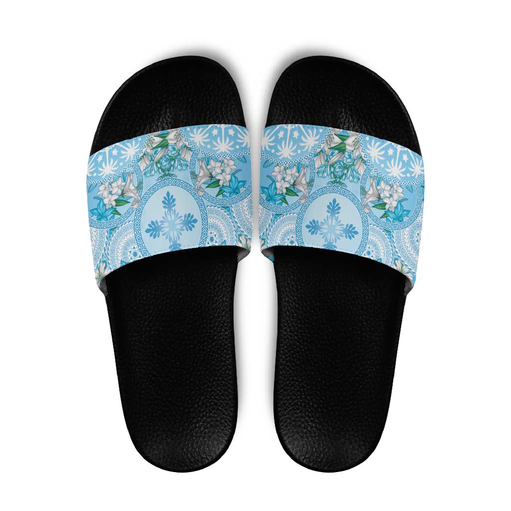 Hawaii Cyan Palaka Slide Sandals With Tapa Pattern Tropical Flowers - Polynesian Pride
