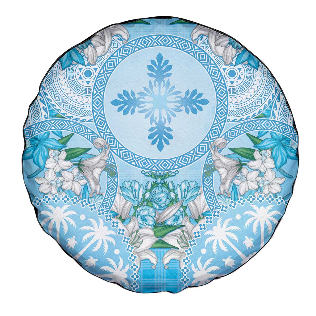 Hawaii Cyan Palaka Spare Tire Cover With Tapa Pattern Tropical Flowers - Polynesian Pride